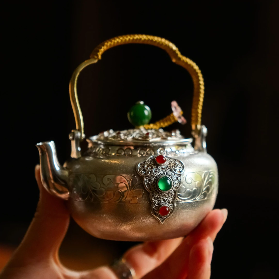 草木茶社  银烧水壶 大唐花舞剑刻绘掐丝银壶 全手工煮水壶