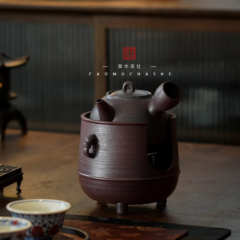 草木茶社暗红三足开口+博古侧把壶 围炉煮茶炉 防风炉