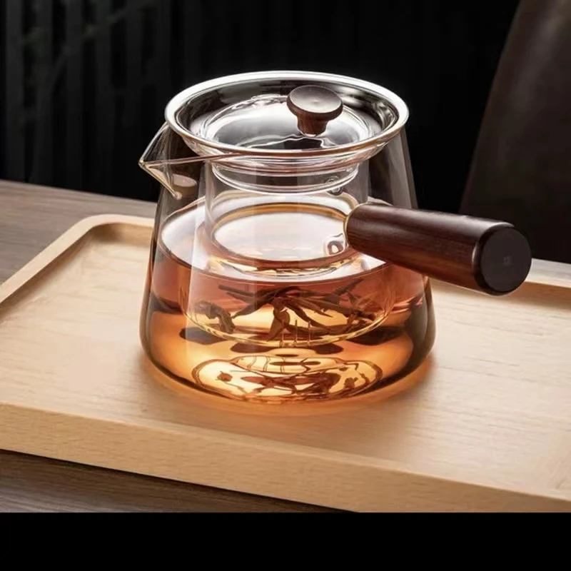 侧把茶壶玻璃煮茶器电陶炉耐高温泡茶壶木把单壶过滤功夫茶具套装