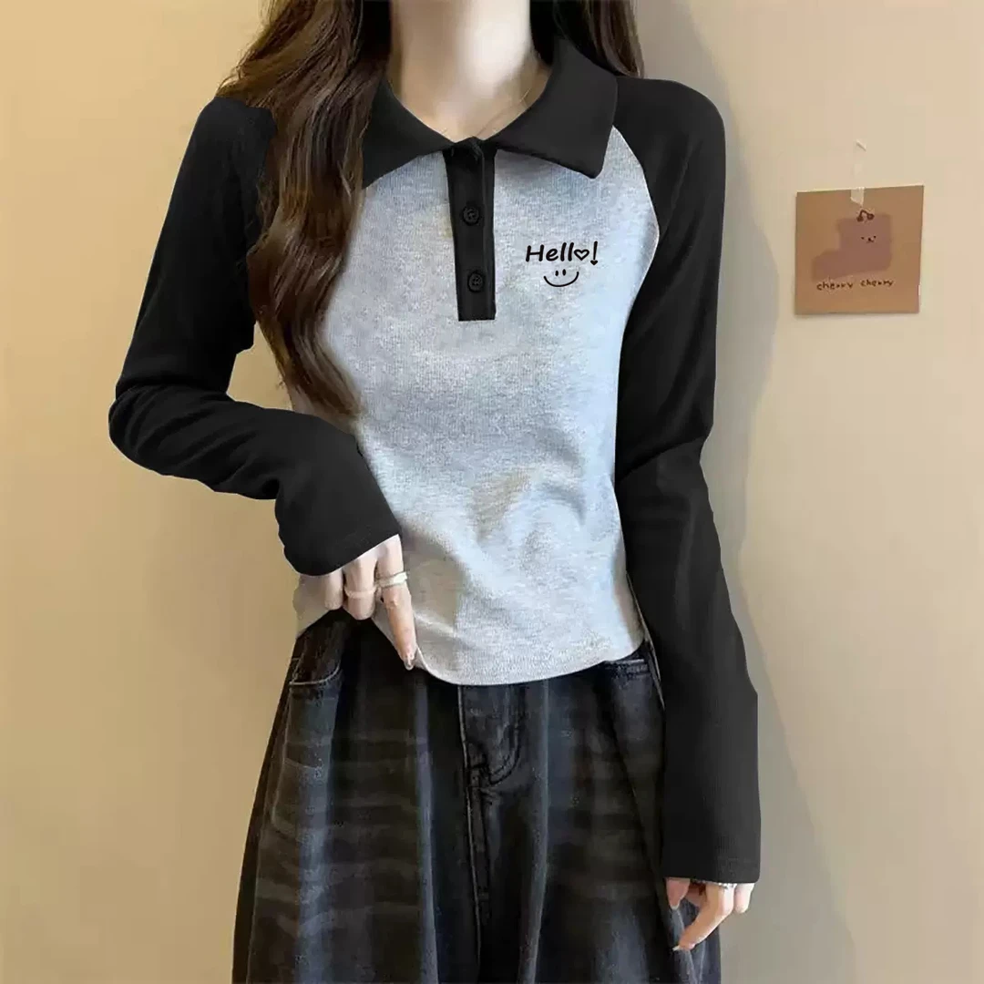 设计感小众拼色内搭上衣时尚百搭polo领长袖T恤女修身秋冬季新款