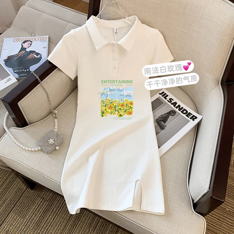 短袖连衣裙夏季新款气质polo领修身显瘦a字T恤裙女中长款时尚收腰