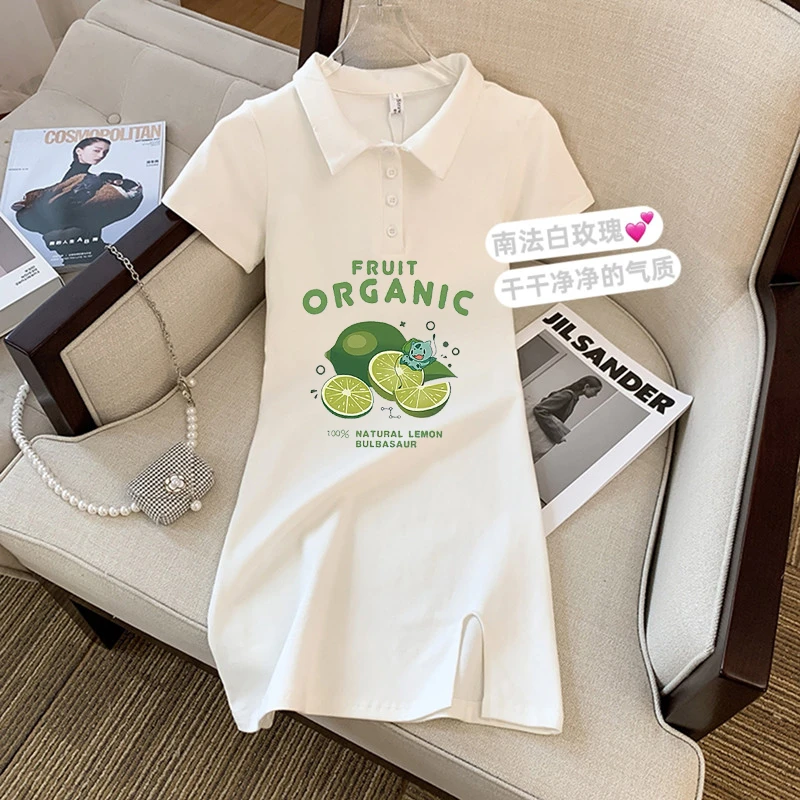 夏季新款气质polo领修身显瘦a字T恤裙女中长款时尚收腰短袖连衣裙