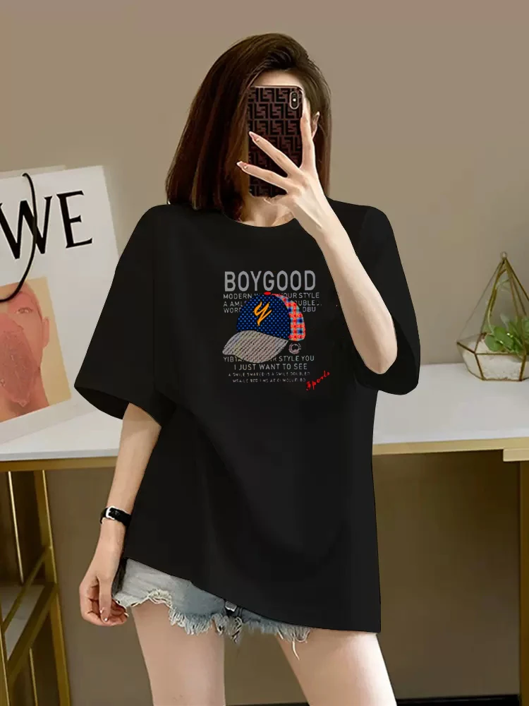 短袖T恤女欧货圆领中长款时尚百搭韩版新款洋气减龄上衣夏季纯棉