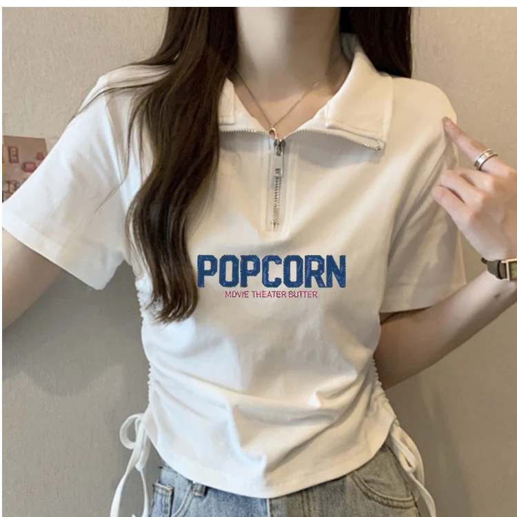 百搭短款胖妹妹垃链抽绳短袖T恤夏季大码女装POLO领正肩显瘦韩版