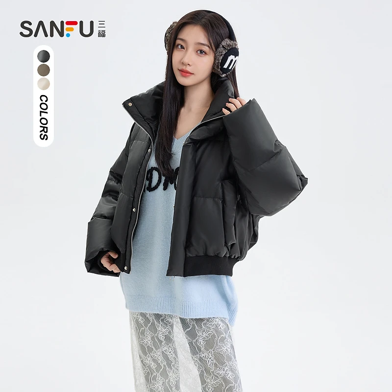 三福羽绒服2024冬季口袋设计立领时尚潮流上衣女装835656