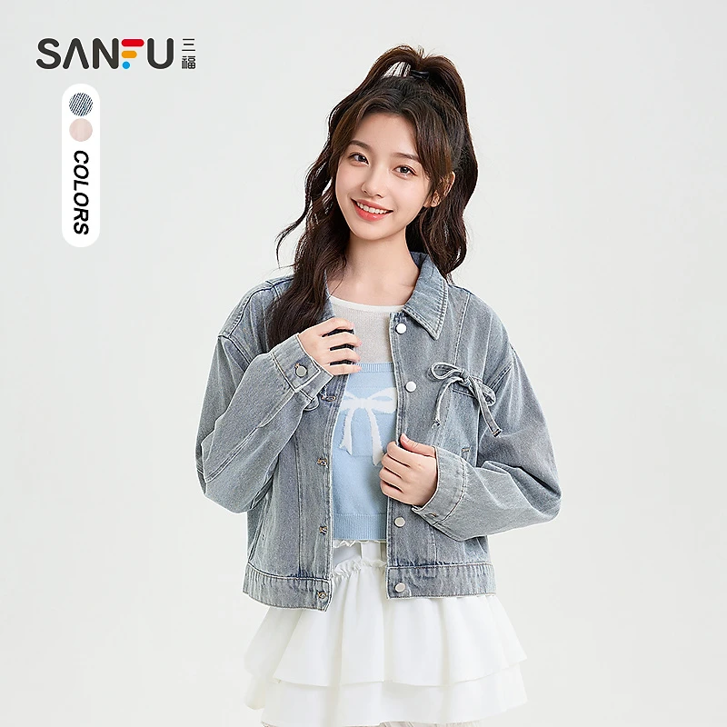 三福单外套2024冬季甜美少女蝴蝶结翻领牛仔短外套女装491167