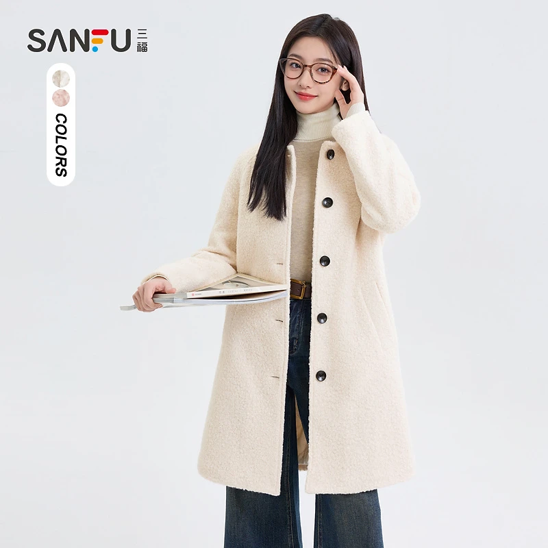 三福厚外套2024冬季简约气质翻领口袋大衣上衣女装494566