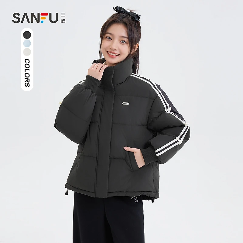 三福羽绒服2024冬季杠条蝴蝶结运动风袖子立领上衣女装836038