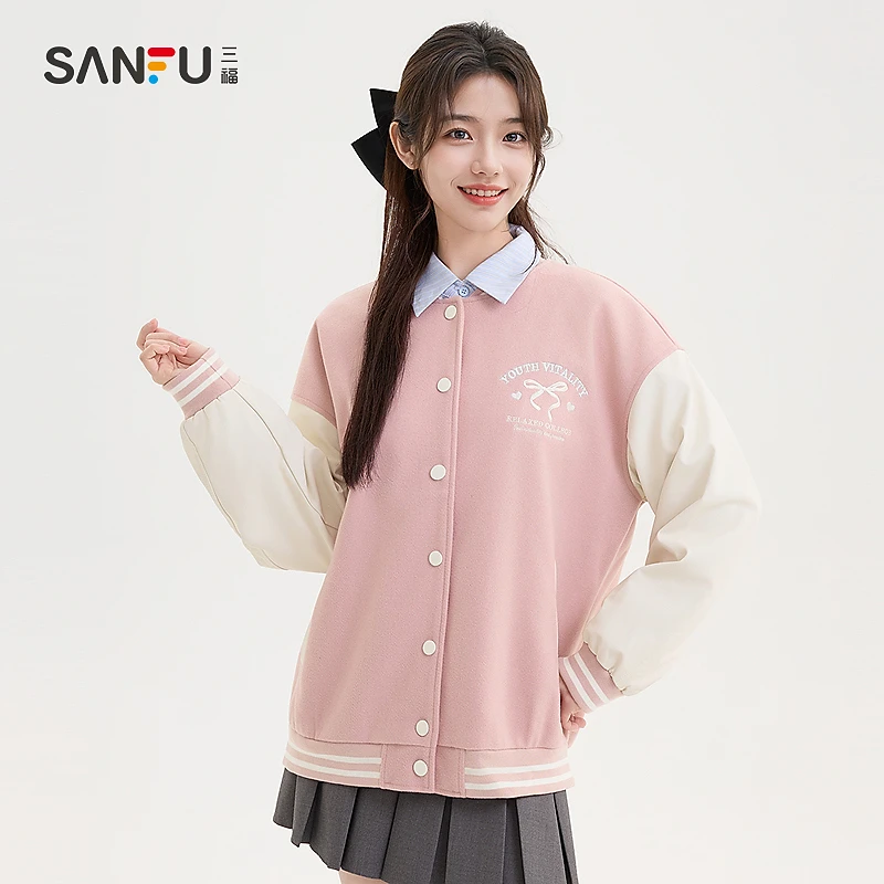 三福厚外套2024冬季休闲学院风刺绣撞色袖棒球服女装490862