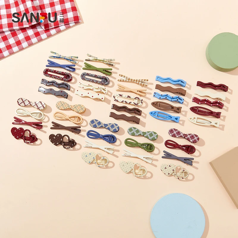 三福少女心彩色格纹组合发饰 时尚发夹清新头饰气质配饰835978