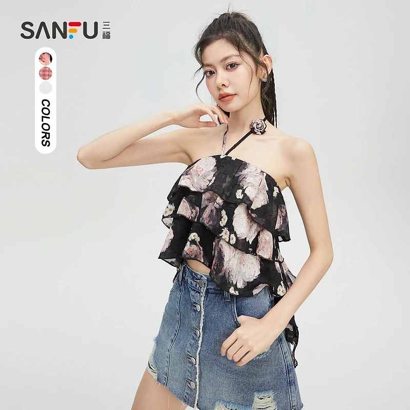 三福背心2023夏不规则荷叶边挂脖露肩辣妹吊带上衣女472331