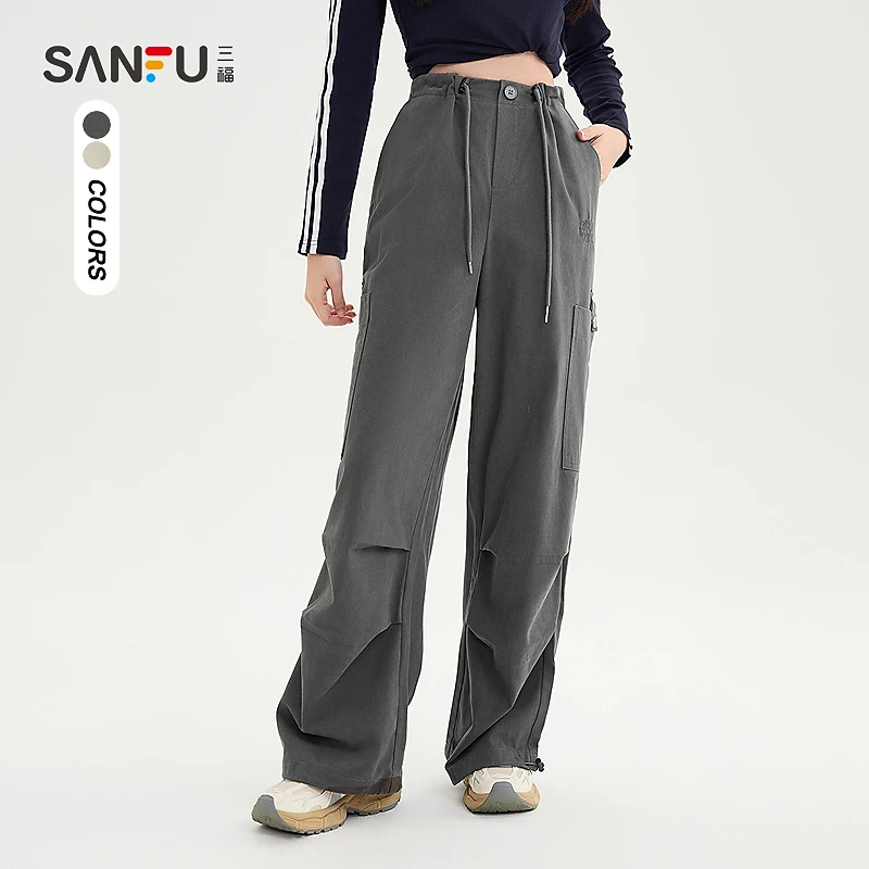 三福休闲裤2024冬季抽绳松紧腰阔腿宽松工装裤长裤女装492629
