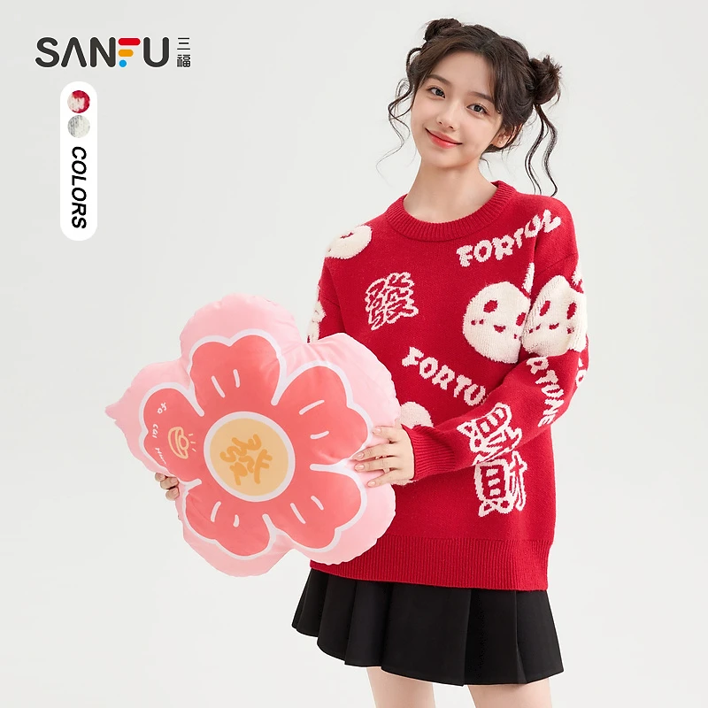 三福毛衣2025春季满版图案绣花圆领活力宽松上衣女装494867