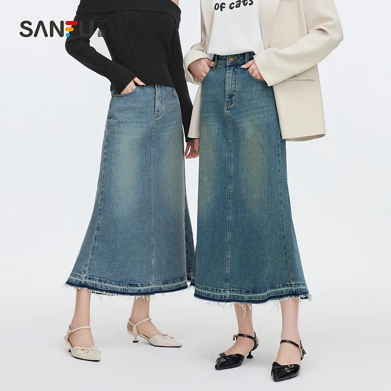 三福长裙2025春季牛仔下摆破缝撞色毛须设计鱼尾裙女装495762