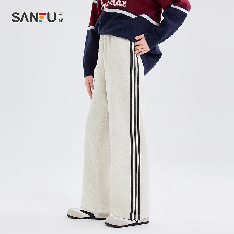 三福休闲裤2024冬季侧边三条杠内里加绒裤子女装494638