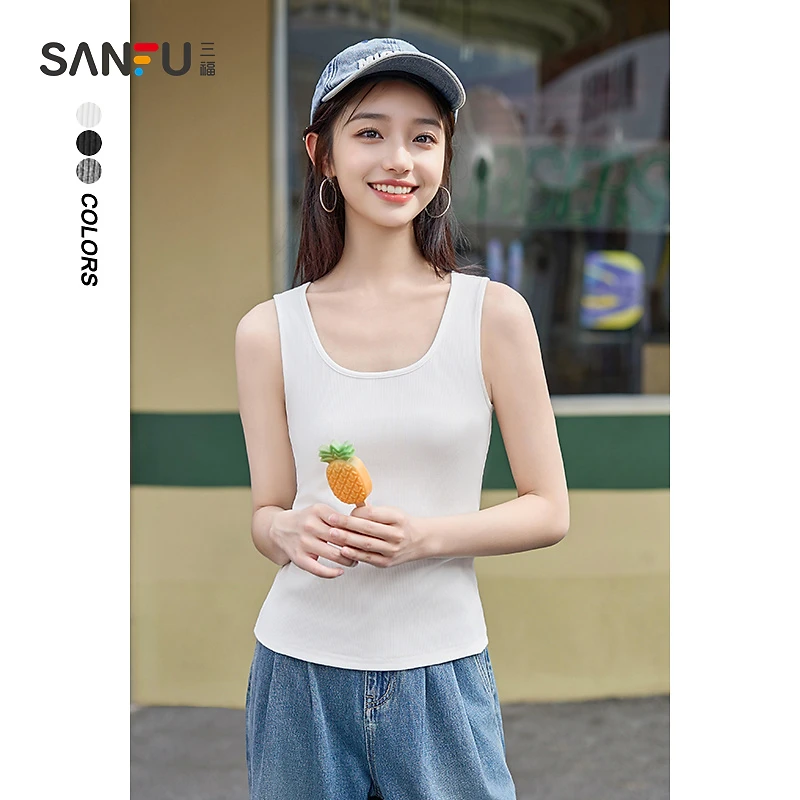 三福背心吊带2024夏U形领修身短款条纹净色上衣女装468338