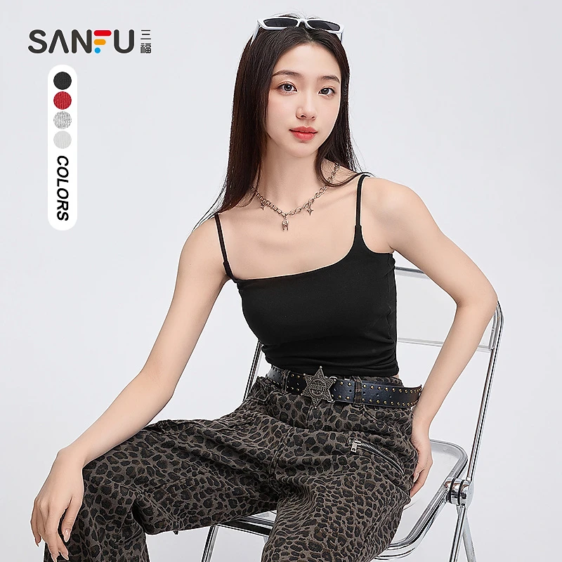 三福甜辣慵懒风背心春季自带胸垫褶皱设计吊带上衣女装495894