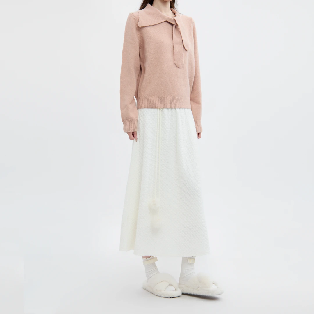 三福长裙2024冬季甜美毛球装饰松紧腰A摆半身裙女装休闲494623