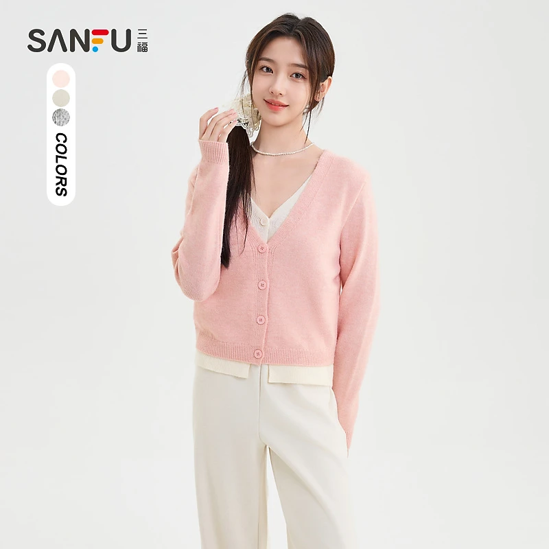 三福毛衣2024冬季气质V领撞色假两件短款上衣女装492365