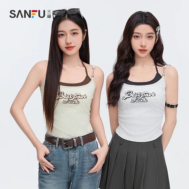 三福甜辣慵懒风背心夏季复古字母假两件吊带上衣女装495004