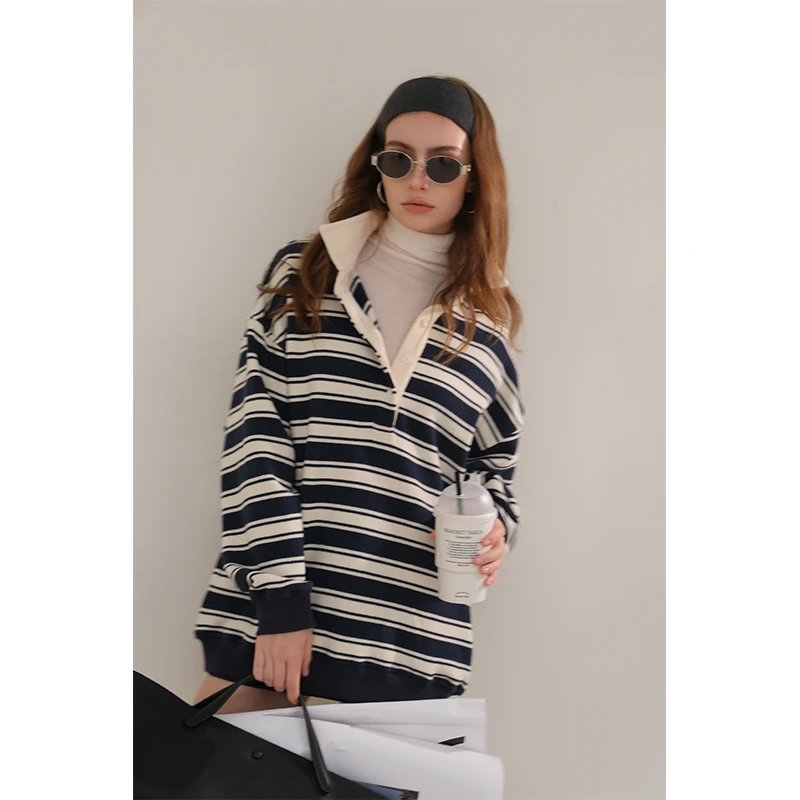 FRESH UP复古运动风条纹撞色卫衣女冬加绒加厚polo领宽松休闲上衣