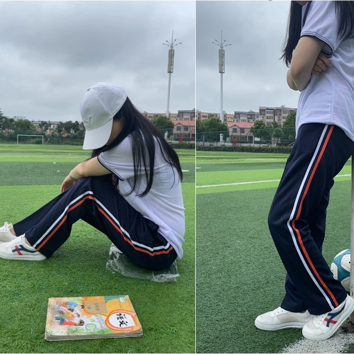 藏蓝色白橙双杠校服裤子男女初高中小学生春秋厚款橙白条运动校裤