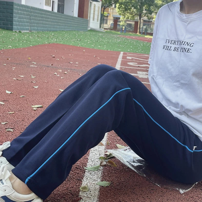 加肥加大一道蓝细杠校服裤子藏蓝黑色初高中小学生直筒细蓝条校裤