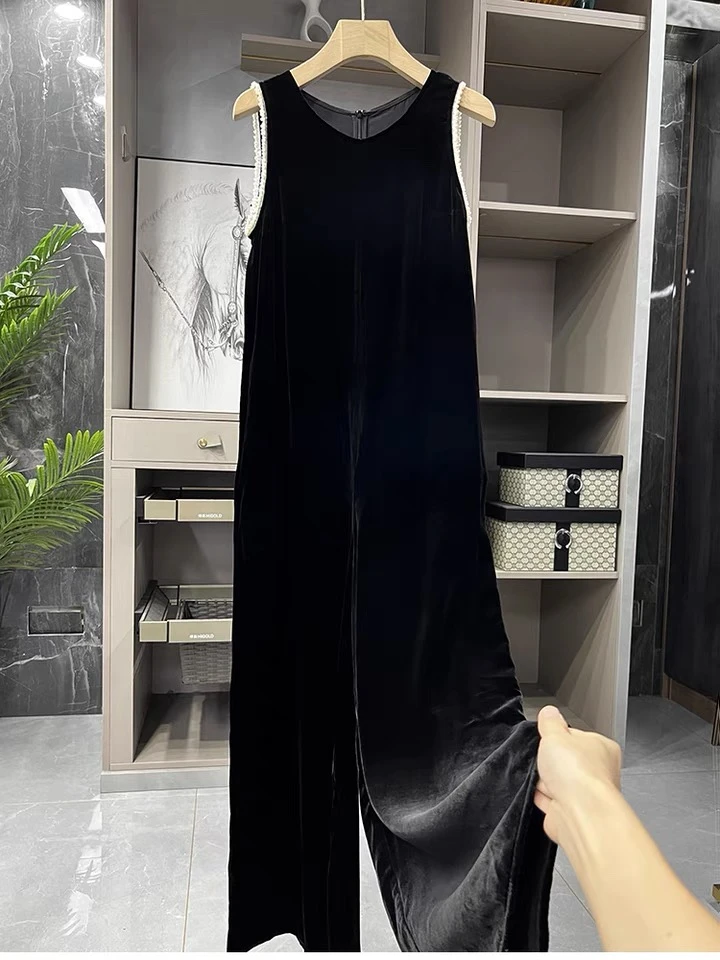 2024真丝丝绒钉珠圆领无袖连体长裤女