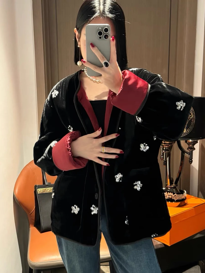 重工满绣珠片蝴蝶真丝丝绒外套棉服阔版蜜蜂钉珠西装外套棉服
