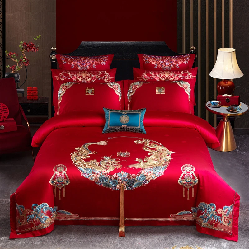 江山如画  长绒棉婚庆龙凤四件套大红色新婚喜被被套床单双人被罩