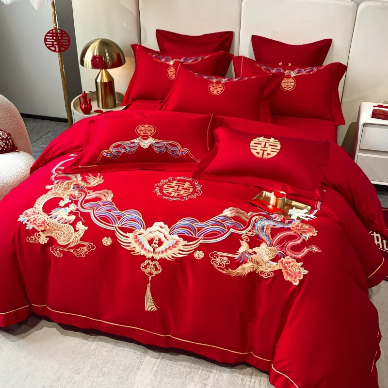 【龙凤和鸣】婚庆大红结婚被套四件套龙凤刺绣喜被床单陪嫁高端床品