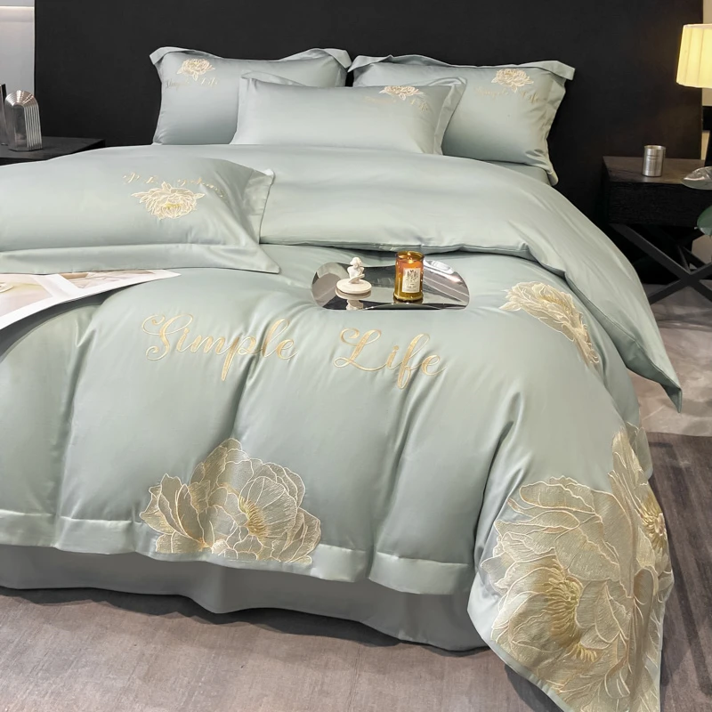 莱美  轻奢风结婚陪嫁被套四件套花卉刺绣亲肤棉床单床笠床上用品