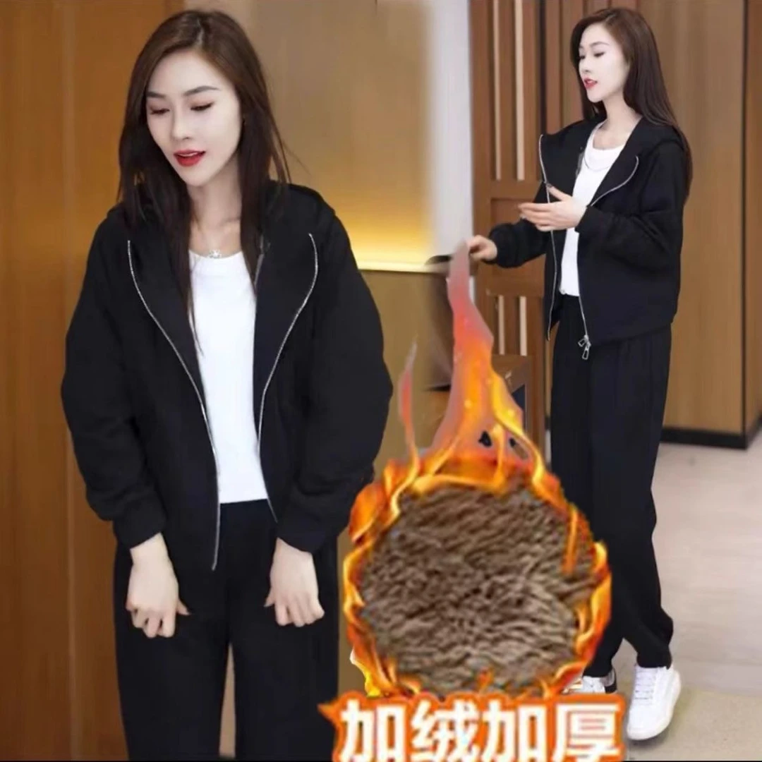 秋冬新款加绒加厚外套时尚减龄宽松连帽开衫运动卫裤显瘦两件套女