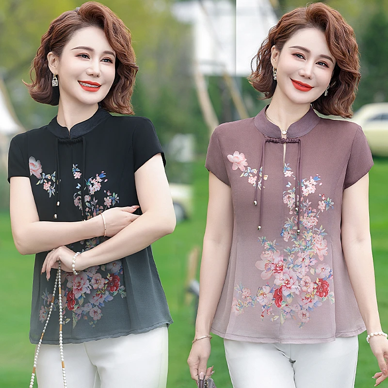 妈妈夏装新中式上衣2024新款中老年女装衬衫短袖t恤洋气雪纺小衫