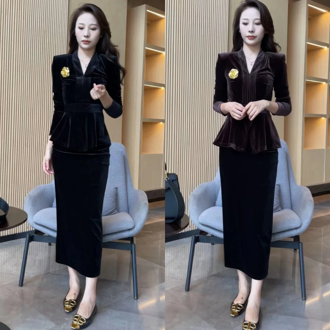 入秋搭配一整套2024女装丝绒上衣半身裙两件套小香风御姐气质套装
