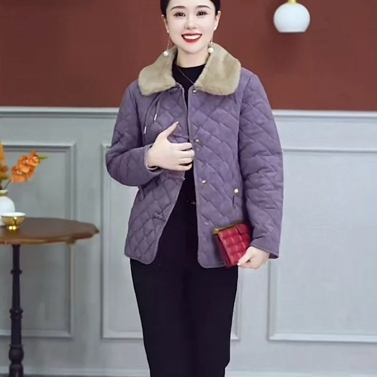 妈妈装秋冬新款加绒加厚软皮外套保暖棉衣翻领毛领中老年百搭棉服