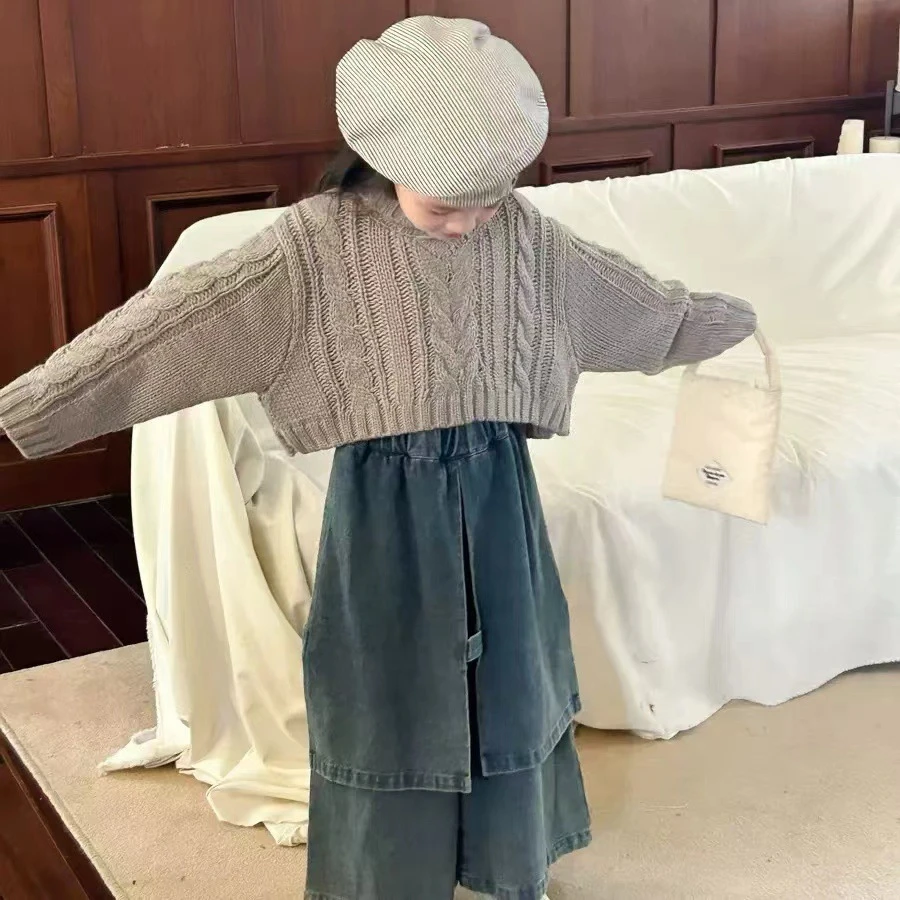 女童毛衣套装2024女童时髦短款针织毛衣假两件牛仔裤两件套秋季新