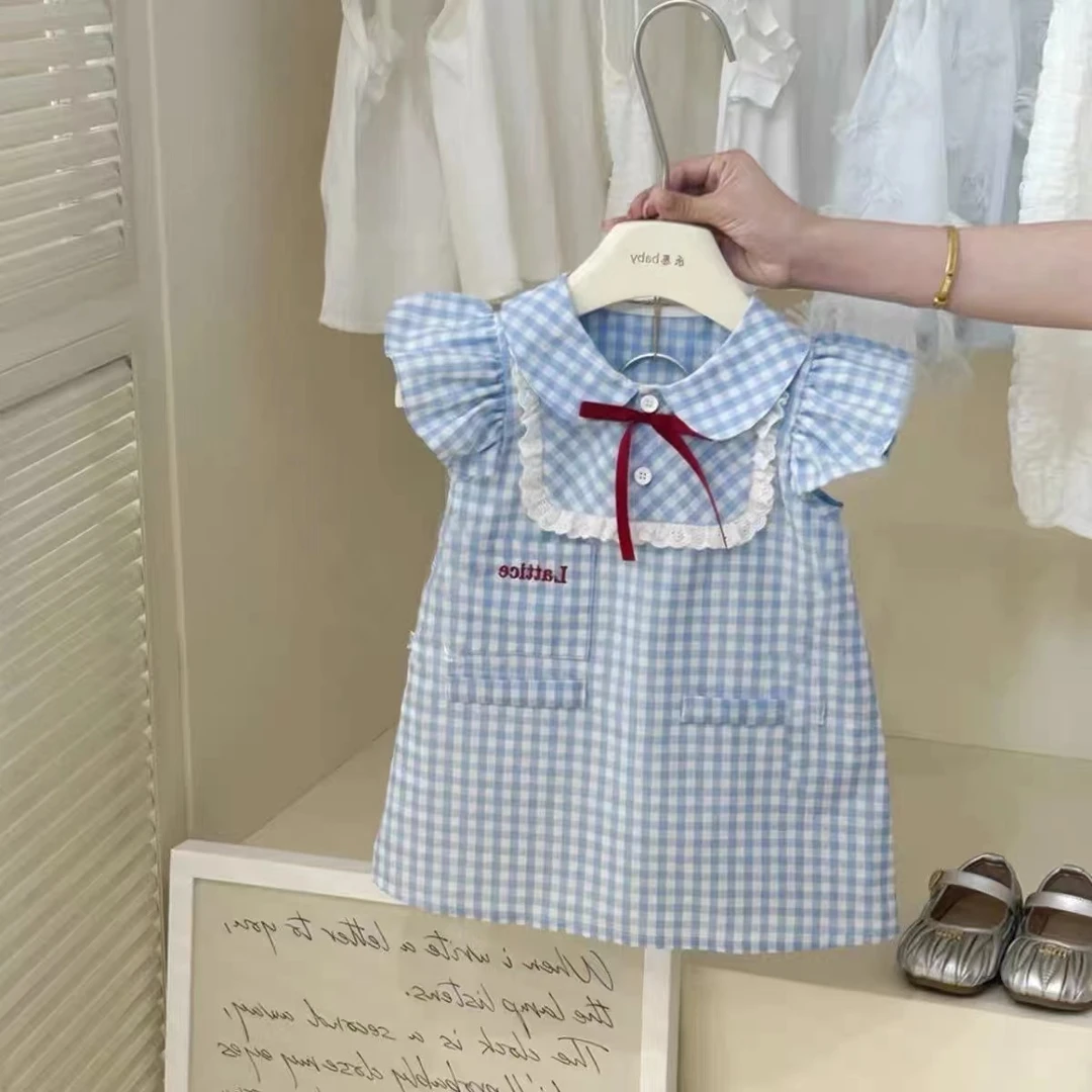 女童学院风蓝色格子小飞袖连衣裙宝宝夏韩系蕾丝花边娃娃裙28098