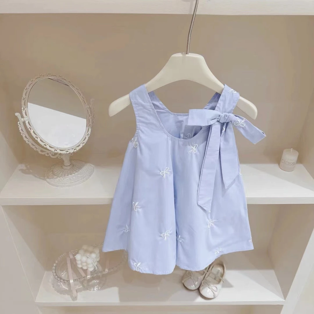 女童连衣裙夏韩版时尚气质女孩刺绣蝴蝶结背心裙宝宝公主裙L55298