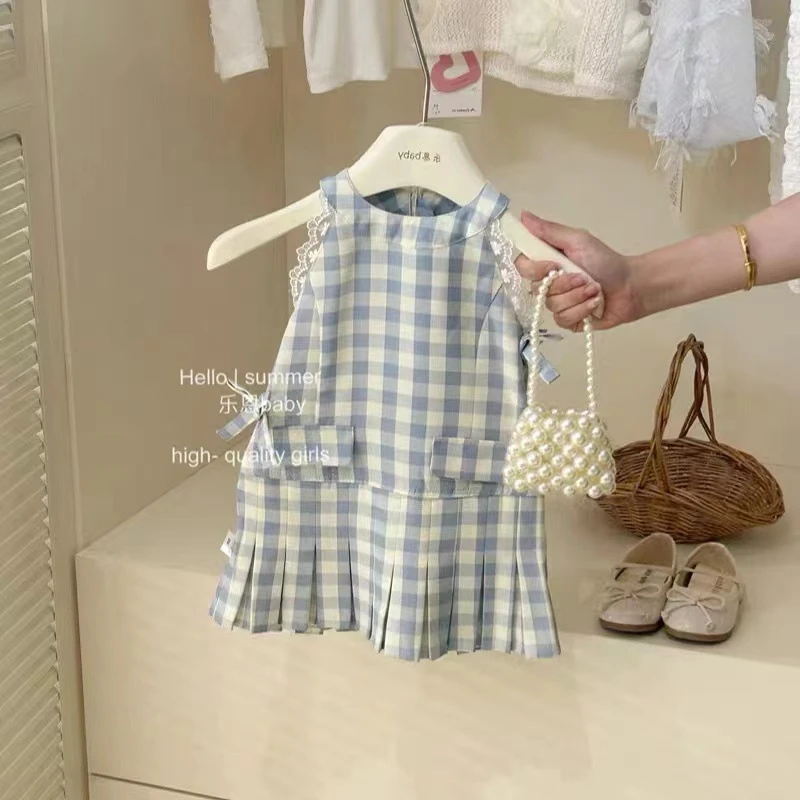 女童连衣裙2024夏季韩版甜美蓝色格子无袖裙子儿童背心裙28092