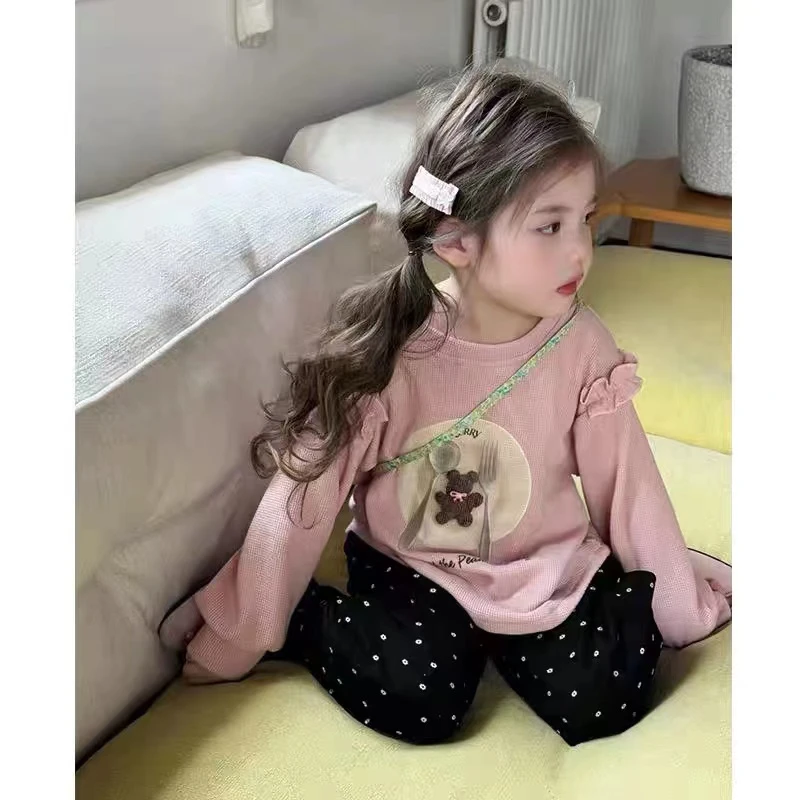 圆子家 韩版女童秋季套装小女孩可爱小熊卫衣波点花边直筒裤秋装