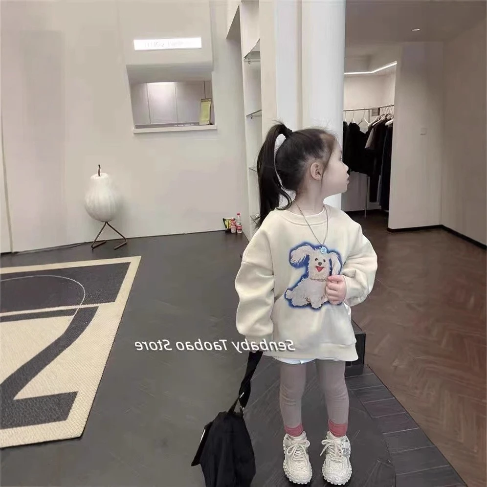 女童套装女童秋冬装奶茶色外套儿童可爱卡通印花抓绒宽松套头卫衣