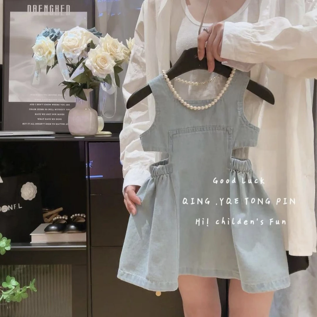 女童韩版水洗软牛仔背带裤夏新款韩版时髦洋气背心牛仔裙L55259