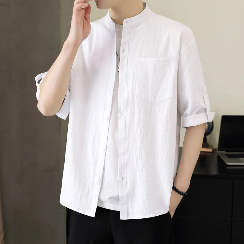 【彤彤家】新中式中国风五分袖棉休闲薄款大码衬衫纯色立领宽松中袖