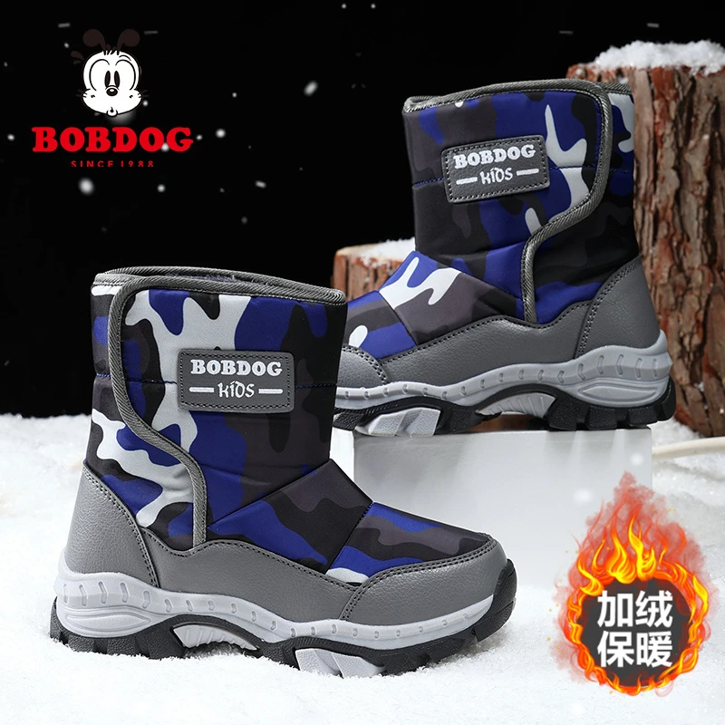 巴布豆儿童雪地靴男童棉鞋冬季加绒加厚保暖户外防水男孩高帮靴子