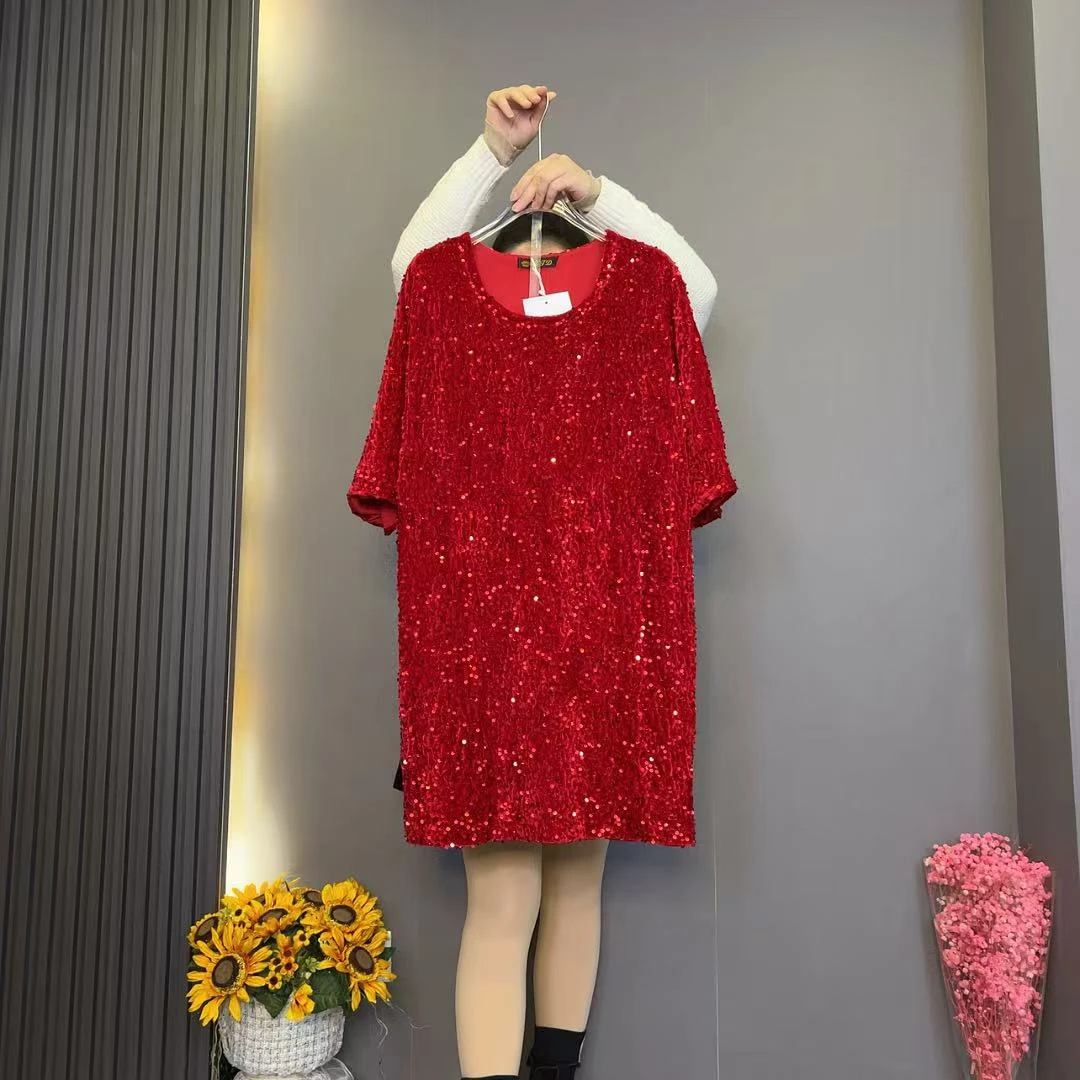 8968秋冬季年款红色新款圆领亮片短袖气质连衣裙（衣长85）