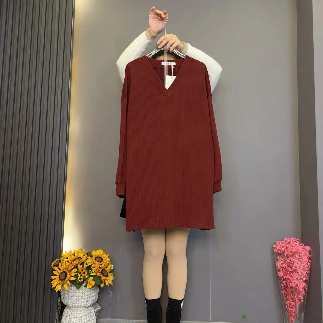 871秋冬新款大码V领净版宽松显瘦开叉中长T恤（衣长80）