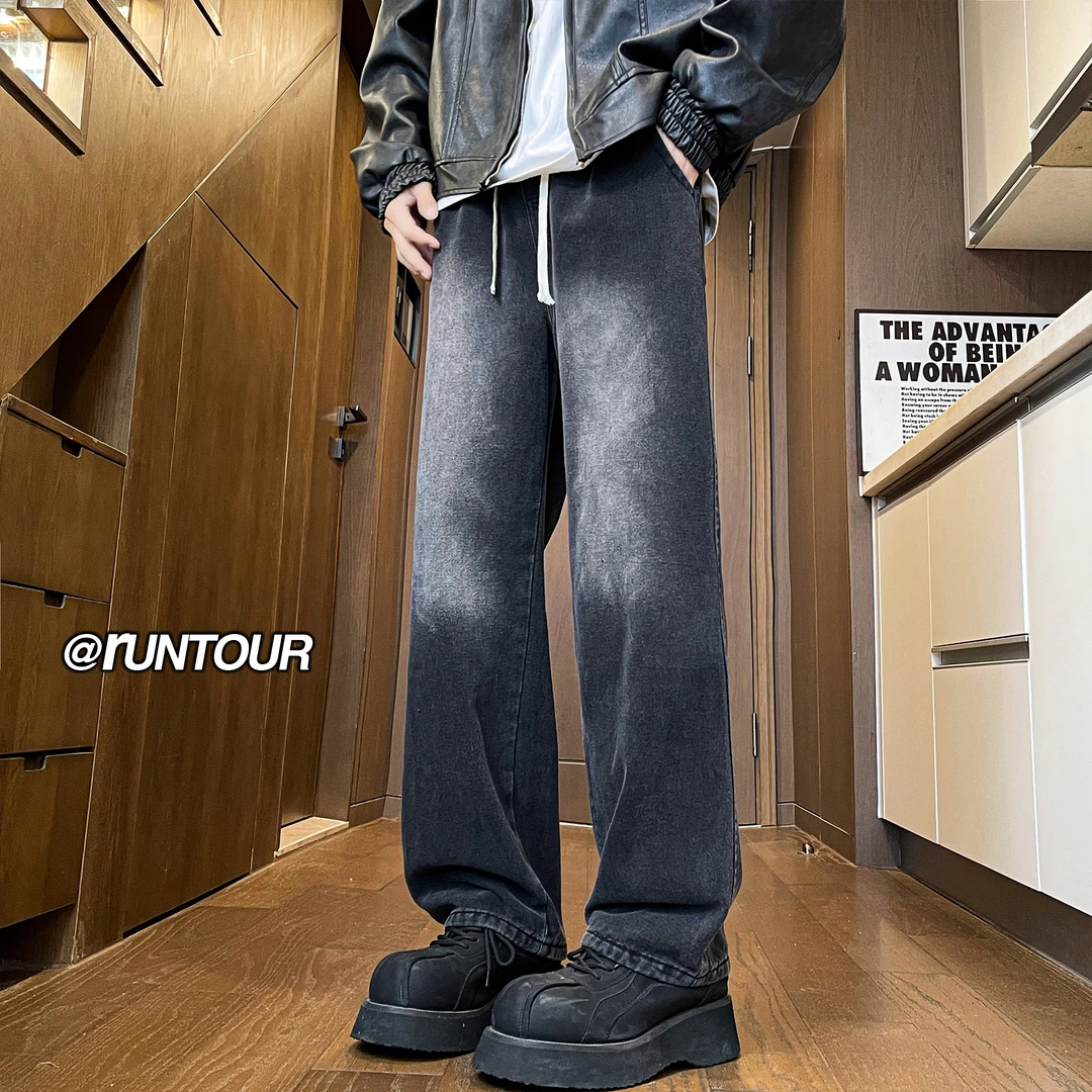 水洗复古牛仔裤男高街美式hiphop裤子潮流抽绳松紧腰宽松直筒裤潮