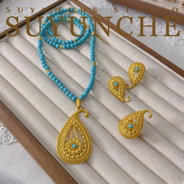 铜合金大理石项链 Suyunche2099手工Nipal加长项链三件套腰果花