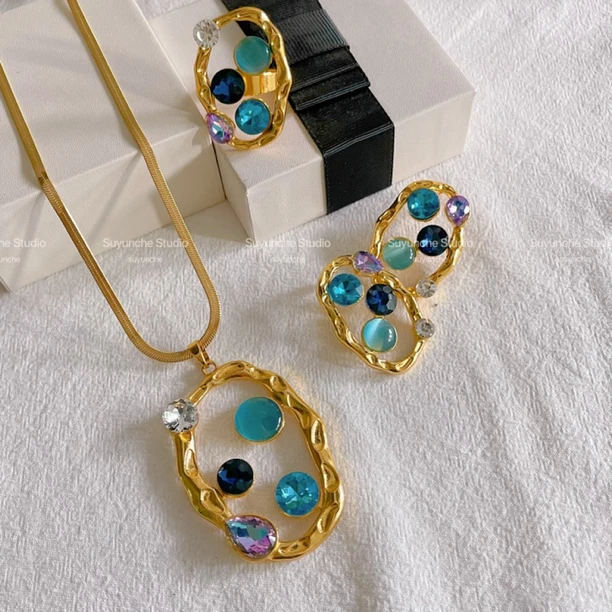 钛钢项链 Suyunche2005时尚精致蓝色系镂空质感三件套